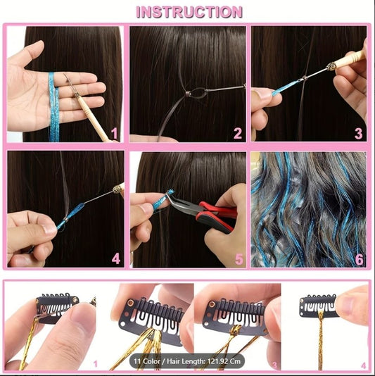 250 Yards Iridescent Christmas Icicle Tinsel Garland & 12 Colors Hair Tinsel Set – Shiny PET Hanging Decoration, Fairy Hair Extensions, Glitter Strands for Christmas Tree, Wedding, Party & Festival Decor