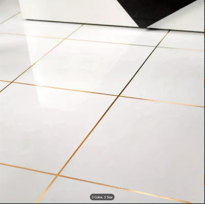 PACK OF 3 Self-Adhesive Tile Stickers & Seam Sealing Tape – Waterproof Golden & Silvery Floor, Wall, and Corner Trim Decoration 
