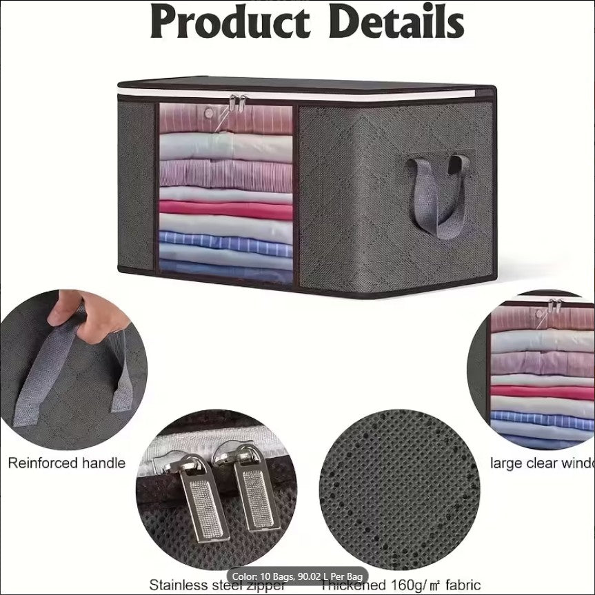 Large Gray Foldable Storage Bags (90L) with Zipper & Handle for Clothes, Wardrobe, Blankets, Quilts & Under-Bed Organizer
