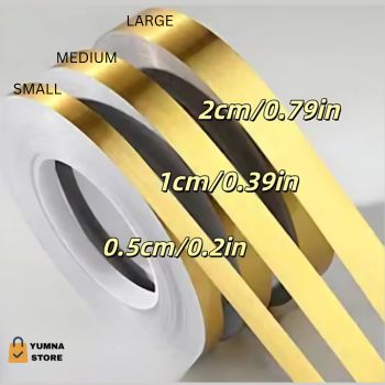 PACK OF 3 Self-Adhesive Tile Stickers & Seam Sealing Tape – Waterproof Golden & Silvery Floor, Wall, and Corner Trim Decoration 