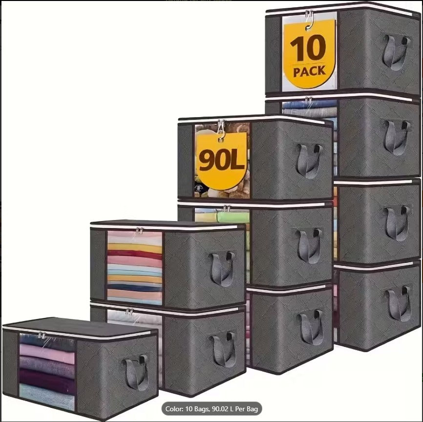 Large Gray Foldable Storage Bags (90L) with Zipper & Handle for Clothes, Wardrobe, Blankets, Quilts & Under-Bed Organizer