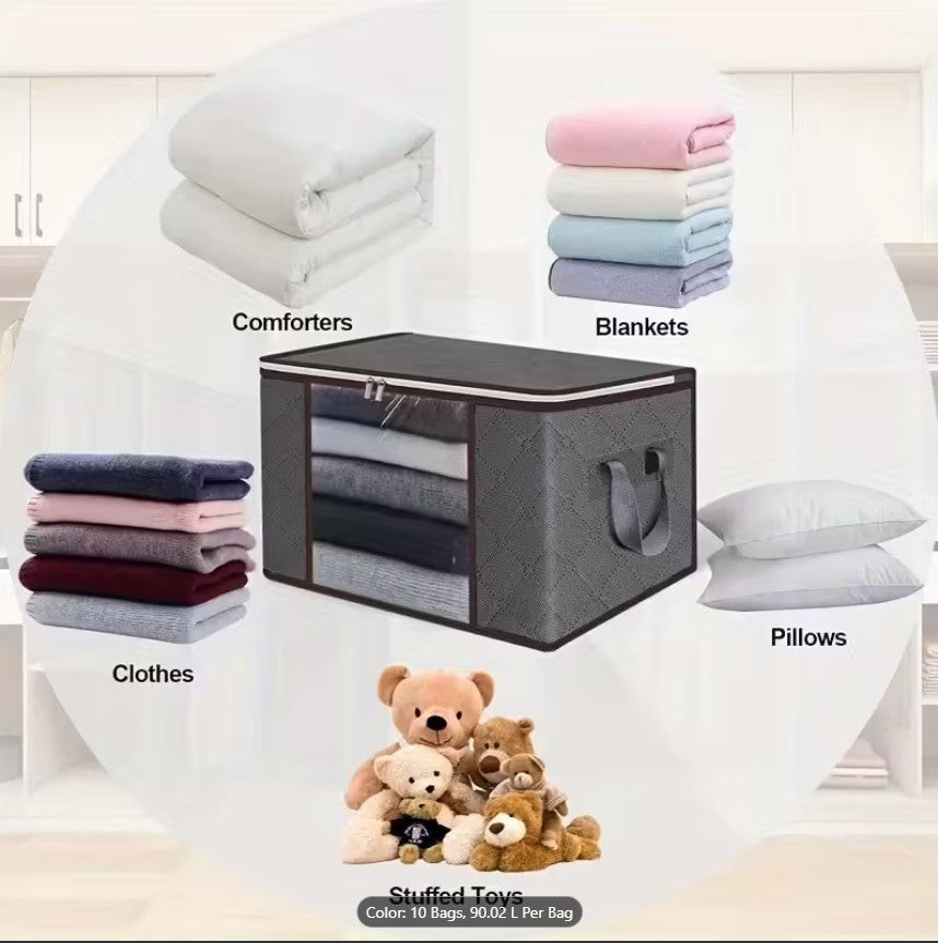 Large Gray Foldable Storage Bags (90L) with Zipper & Handle for Clothes, Wardrobe, Blankets, Quilts & Under-Bed Organizer