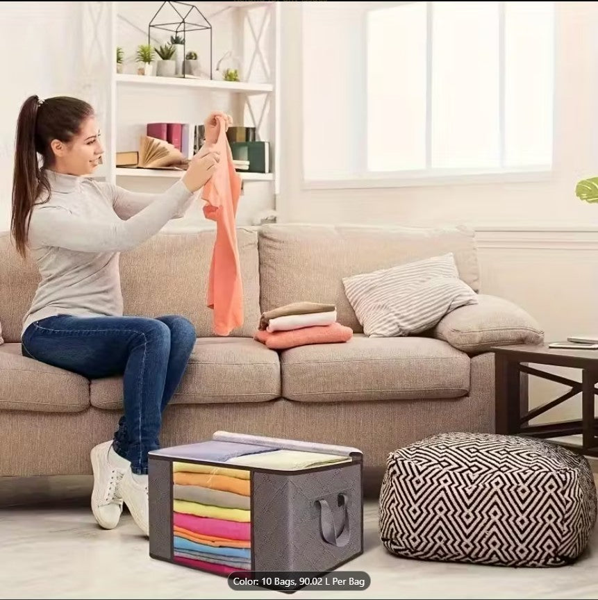 Large Gray Foldable Storage Bags (90L) with Zipper & Handle for Clothes, Wardrobe, Blankets, Quilts & Under-Bed Organizer