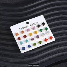 Pack of 1 Pairs Multi-Color Crystal Square Stud Earrings Set for Women & Girls - Korean Style Cubic Zirconia Daily Wear Earrings Combo Pack - Premium Fashion Jewelry Gift Set