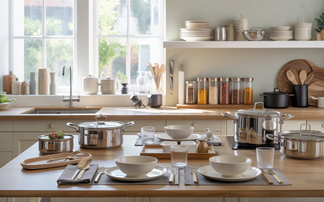  top-rated Kitchen &amp; Dining Collection — designed for style, functionality, and everyday convenience. Explore non-stick cookware, stainless steel utensils, elegant dinner sets, serving trays, glassware, and storage organizers 