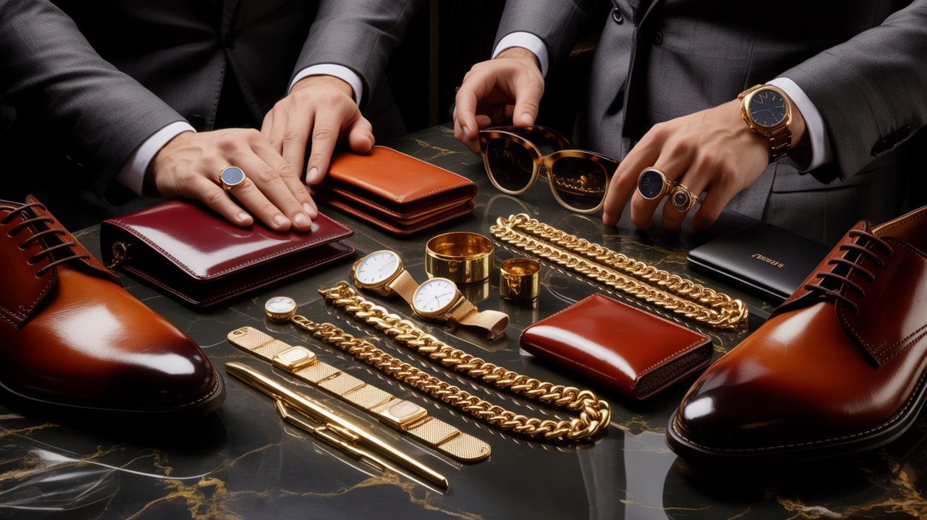 exclusive Men’s Accessories Collection, featuring stylish wallets, elegant chains, premium shoes, perfumes, bracelets, sunglasses, and rings. Designed for the modern gentleman,