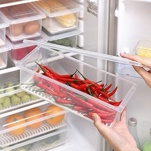 Fridge Food Storage Container Organiser with Removable Drain Tray for Fresh Fruits, Vegetables, Meat & Fish, BPA-Free Plastic Kitchen Box Storage Food Box Container Organizer 1500ml Stackable