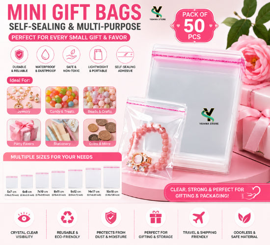 50 Pcs Mini Gift Bags Self-Sealing – Tiny Favor Pouches for Jewelry & Packaging | Adhesive Closure Bags for Wedding, Birthday, Party & Shipping