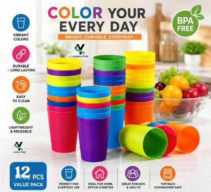 Pack Of 12 Rainbow Plastic glasses Set (8.8oz/260ml) – Colorful Beverage Cups | Durable Candy Color Drinking Cups for Parties, Camping, Travel & Kitchen Use