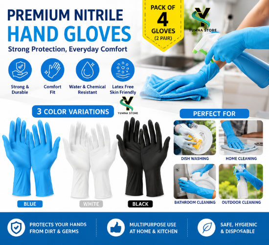 4 Pcs Nitrile Gloves Disposable Latex Free Powder Free, Waterproof & Durable Rubber Gloves for Kitchen, Cooking, Food Handling, Cleaning, Beauty, Photoshoot, Hair Dye, Painting and Pet Care.( white , Black & Blue ) Extra Large X