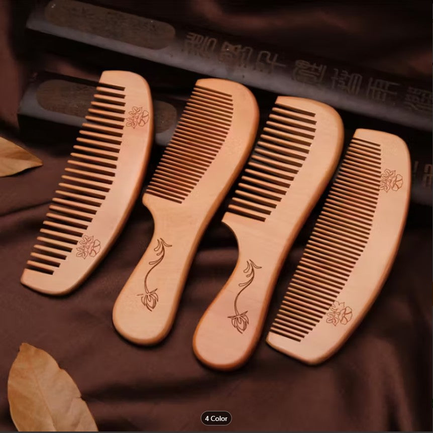 PACK OF 2 SET Thickened Durable Natural Peach Wood Comb – Carved Peach Blossom Anti-Static Wooden Hair Comb with Handle | Fine-Tooth Hair Styling Comb