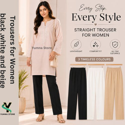 Trendy & Comfortable Trousers for Womenin black and white and beige (skin colour) – Ready-to-Wear, Winter & Summer Styles in Yumna's Collection