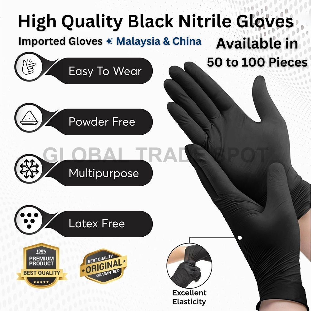 Black Nitrile Gloves Disposable  - Multi-Purpose Disposable Latex & Powder free Gloves, Durable Waterproof & Thickened for Kitchen, Medical, Photoshoot, Cooking, Cleaning & Mechanical Use, Synthetic Rubber, Tear & Chemical Resistant, Box