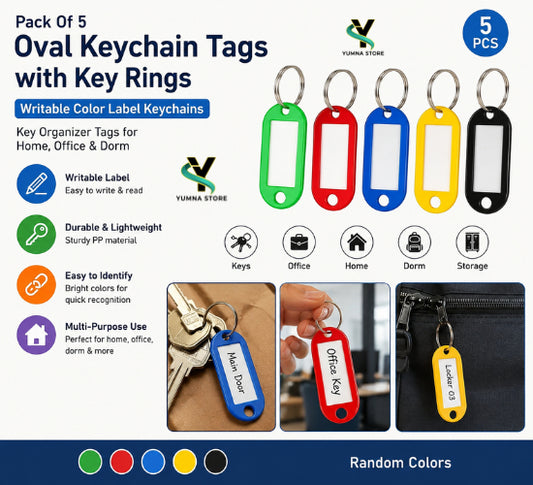 Pack Of 5 Oval Keychain Tags with Key Rings – Writable Color Label Keychains | Key Organizer Tags for Home, Office & Dorm (Random Colors)