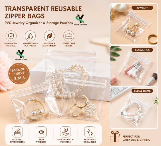 Pack Of 3 Transparent Reusable Zipper Bags – PVC Jewelry Organizer & Storage Pouches | Self-Seal Plastic Bags for Cosmetics, Earrings, Rings & Small Items