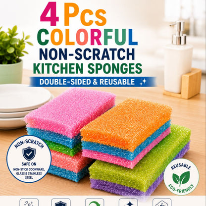 4PCS Premium Non-Scratch Kitchen Cleaning Sponges | Double-Sided Reusable Dish Scrubber Pads for Pots, Pans & Non-Stick Cookware
