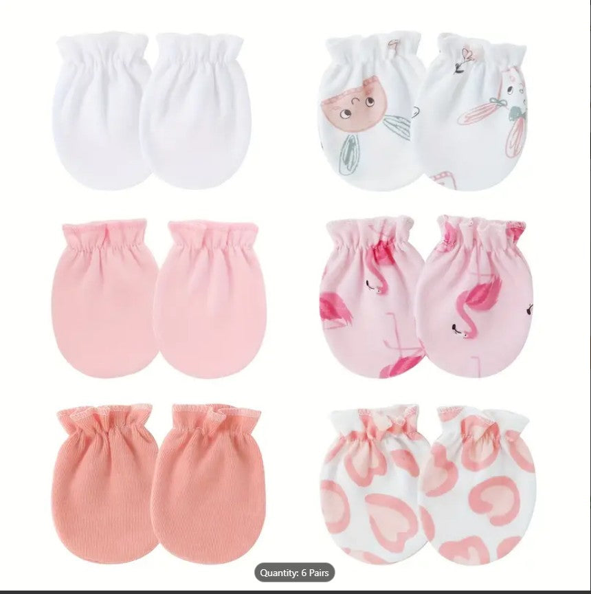 Pack of 6 Pairs Soft Baby Mittens – Newborn Infant Gloves | Multicolor Unisex Cotton Mittens for 0–3 Months | Random Designs & Floral Patterns