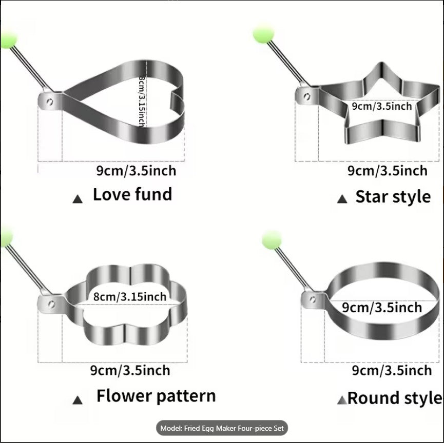 4PCS Stainless Steel Fried Egg Mold Set – Heart, Round, Star & Flower Shaped Egg and Pancake Rings