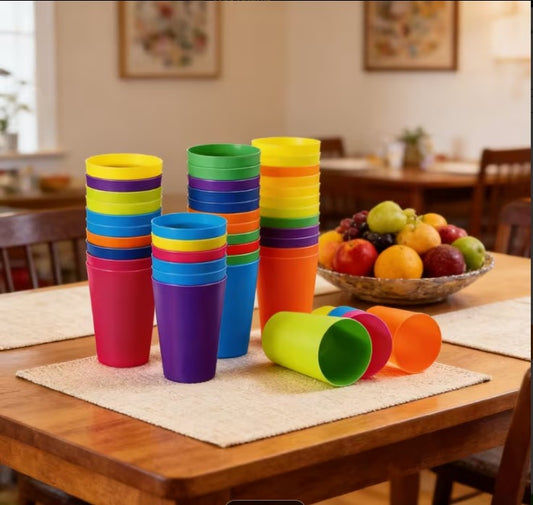 Pack Of 12 Rainbow Plastic glasses Set (8.8oz/260ml) – Colorful Beverage Cups | Durable Candy Color Drinking Cups for Parties, Camping, Travel & Kitchen Use