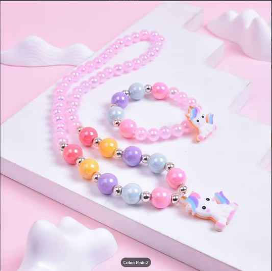 Colorful Cartoon Unicorn Jewelry Set for Girls – Cute Beaded Necklace, Bracelet, Ring & Earrings | Princess Pony Acrylic Jewelry Gift Set (random design )