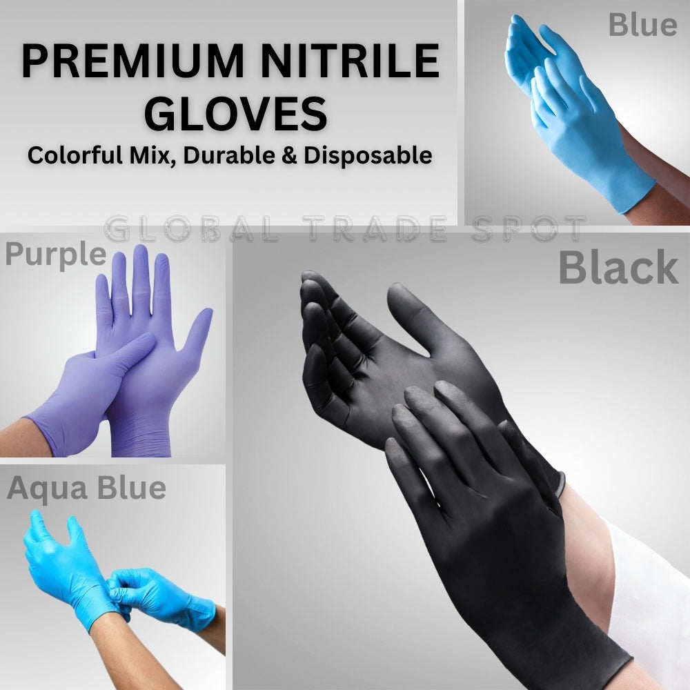 4 Pcs Nitrile Gloves Disposable Latex Free Powder Free, Waterproof & Durable Rubber Gloves for Kitchen, Cooking, Food Handling, Cleaning, Beauty, Photoshoot, Hair Dye, Painting and Pet Care.( white , Black & Blue ) Extra Large X