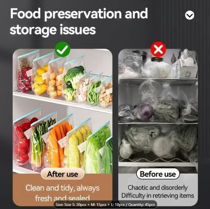 12 PCS Reusable Food Classification Storage Bags Set – Zipper Food Storage Bags in 3 Sizes for Fruits, Vegetables, Grains & Meat | Smart Kitchen Organization Solution