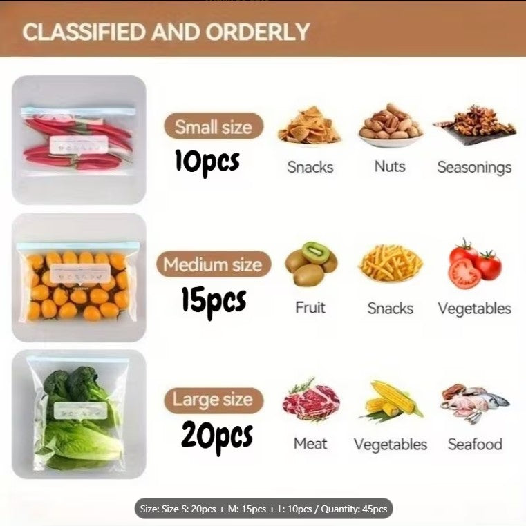 12 PCS Reusable Food Classification Storage Bags Set – Zipper Food Storage Bags in 3 Sizes for Fruits, Vegetables, Grains & Meat | Smart Kitchen Organization Solution