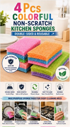 4PCS Premium Non-Scratch Kitchen Cleaning Sponges | Double-Sided Reusable Dish Scrubber Pads for Pots, Pans & Non-Stick Cookware