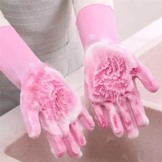 Pro Paki Magic Reusable Silicone Gloves with Wash Scrubber, Heat Resistant, for Cleaning, Household, Dish Washing, Washing the Car