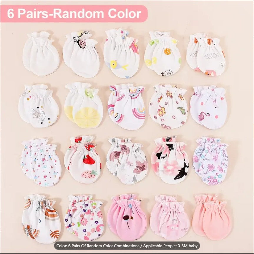 Pack of 6 Pairs Soft Baby Mittens – Newborn Infant Gloves | Multicolor Unisex Cotton Mittens for 0–3 Months | Random Designs & Floral Patterns