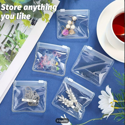 Pack Of 3 Transparent Reusable Zipper Bags – PVC Jewelry Organizer & Storage Pouches | Self-Seal Plastic Bags for Cosmetics, Earrings, Rings & Small Items