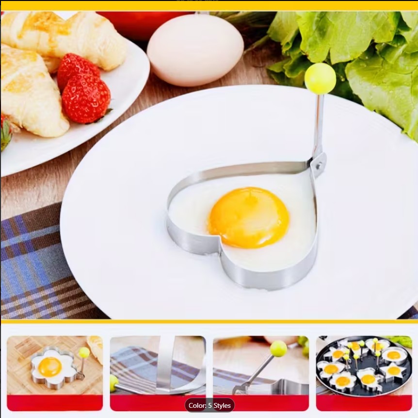 4PCS Stainless Steel Fried Egg Mold Set – Heart, Round, Star & Flower Shaped Egg and Pancake Rings