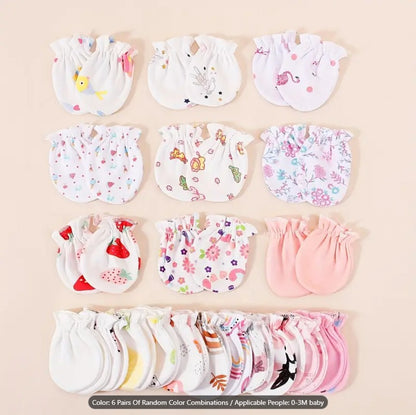 Pack of 6 Pairs Soft Baby Mittens – Newborn Infant Gloves | Multicolor Unisex Cotton Mittens for 0–3 Months | Random Designs & Floral Patterns