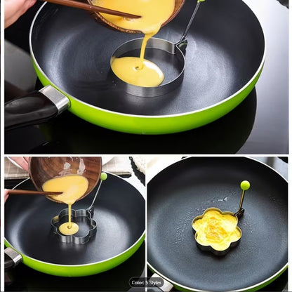 4PCS Stainless Steel Fried Egg Mold Set – Heart, Round, Star & Flower Shaped Egg and Pancake Rings