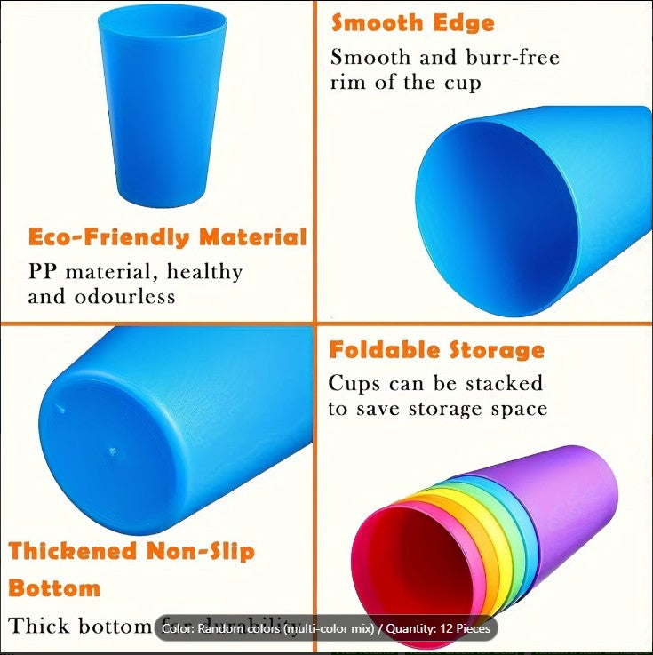 Pack Of 12 Rainbow Plastic glasses Set (8.8oz/260ml) – Colorful Beverage Cups | Durable Candy Color Drinking Cups for Parties, Camping, Travel & Kitchen Use