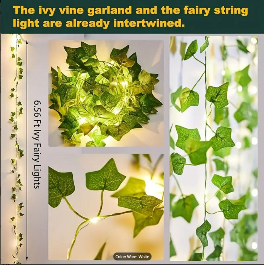 Artificial Vine Fairy Lights Pothos Leaf LED String Lights Battery Operated