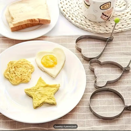 4PCS Stainless Steel Fried Egg Mold Set – Heart, Round, Star & Flower Shaped Egg and Pancake Rings