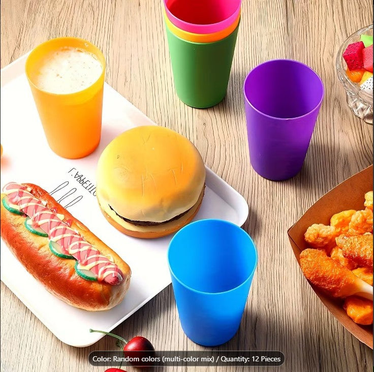 Pack Of 12 Rainbow Plastic glasses Set (8.8oz/260ml) – Colorful Beverage Cups | Durable Candy Color Drinking Cups for Parties, Camping, Travel & Kitchen Use
