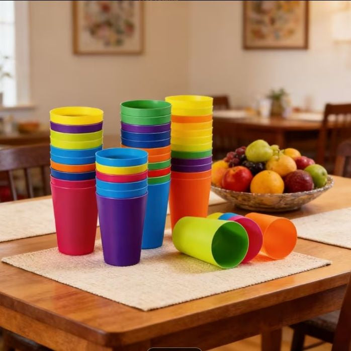 Pack Of 12 Rainbow Plastic glasses Set (8.8oz/260ml) – Colorful Beverage Cups | Durable Candy Color Drinking Cups for Parties, Camping, Travel & Kitchen Use