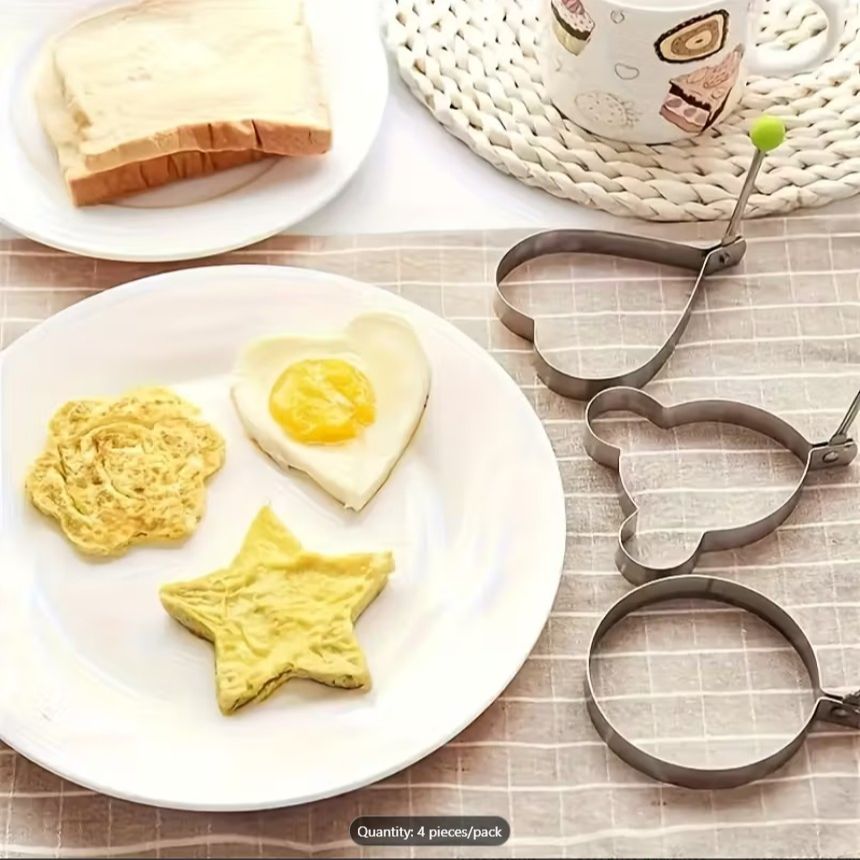 4PCS Stainless Steel Fried Egg Mold Set – Heart, Round, Star & Flower Shaped Egg and Pancake Rings