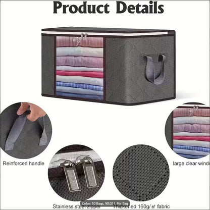 Large Gray Foldable Storage Bags (90L) with Zipper & Handle for Clothes, Wardrobe, Blankets, Quilts & Under-Bed Organizer