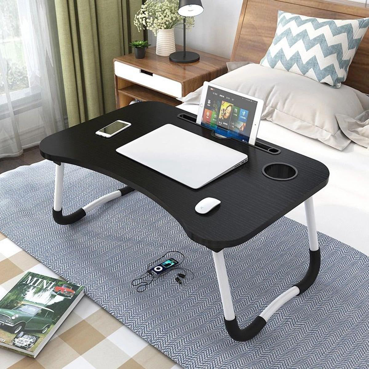 Foldable Wooden Gaming Laptop Table for Bed – Ergonomic Portable Stand with Tablet & Cup Holder Slots