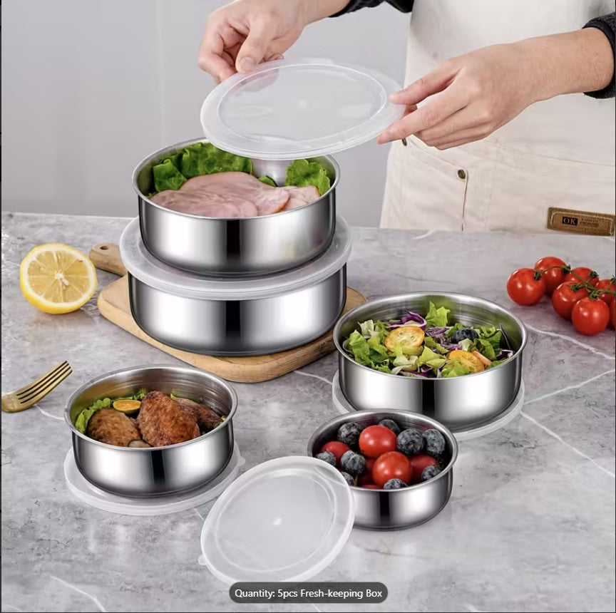 5 Piece in 1 Stainless Steel Fresh-Keeping Bowl Set with Lids