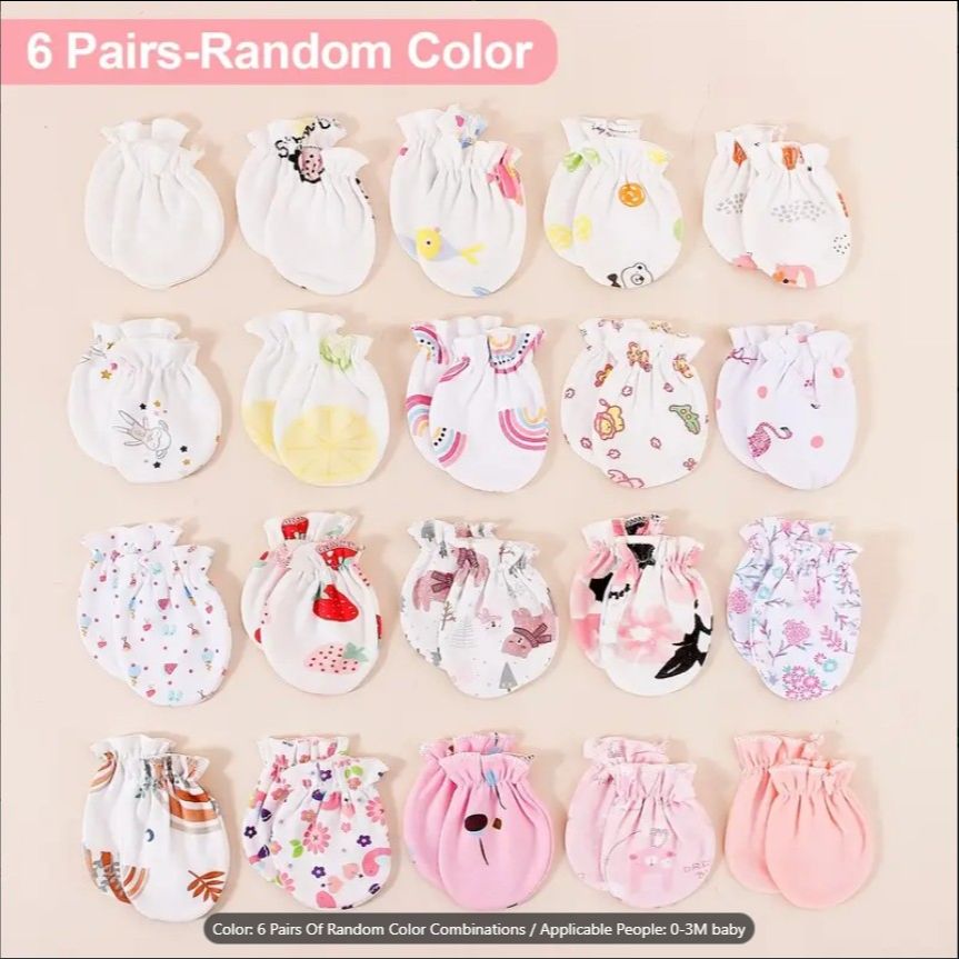 Pack of 6 Pairs Soft Baby Mittens – Newborn Infant Gloves | Multicolor Unisex Cotton Mittens for 0–3 Months | Random Designs & Floral Patterns