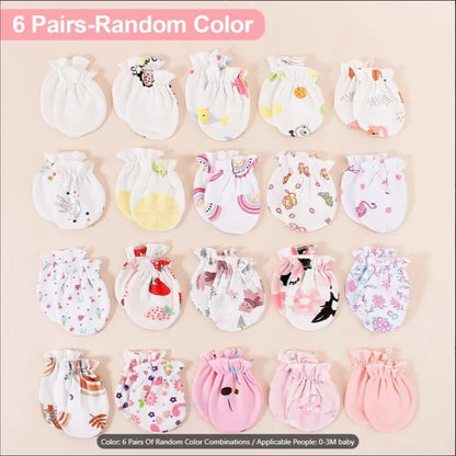 Pack of 6 Pairs Soft Baby Mittens – Newborn Infant Gloves | Multicolor Unisex Cotton Mittens for 0–3 Months | Random Designs & Floral Patterns