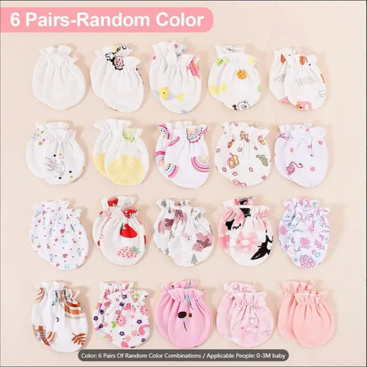Pack of 6 Pairs Soft Baby Mittens – Newborn Infant Gloves | Multicolor Unisex Cotton Mittens for 0–3 Months | Random Designs & Floral Patterns