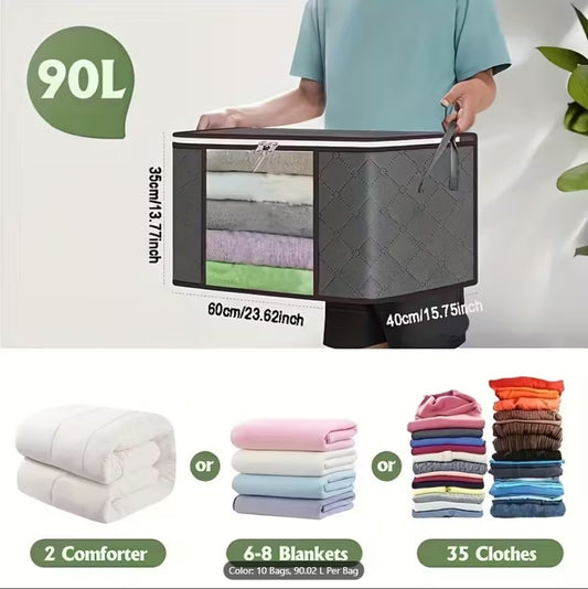 Large Gray Foldable Storage Bags (90L) with Zipper & Handle for Clothes, Wardrobe, Blankets, Quilts & Under-Bed Organizer