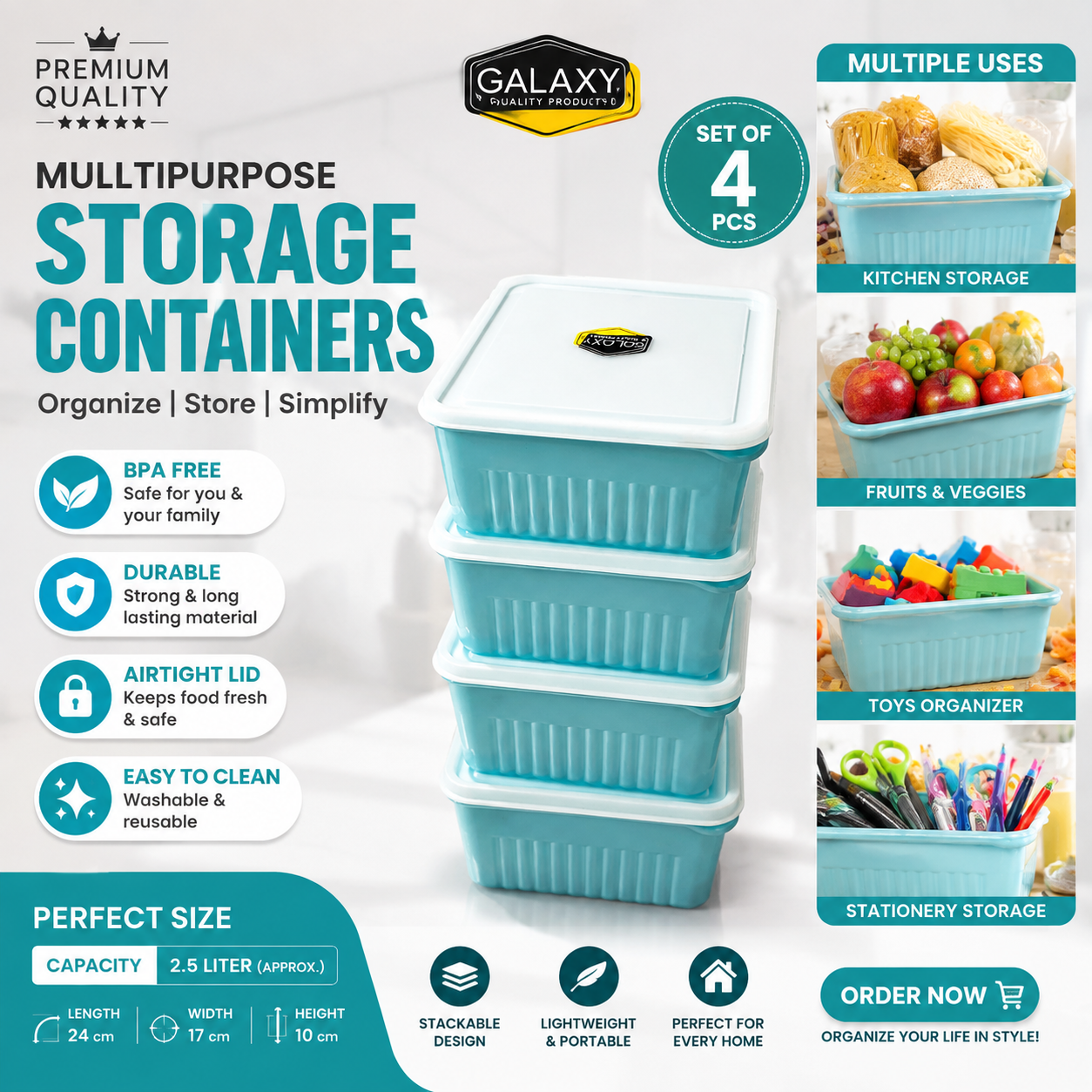 Airtight Plastic Rectangular Food Storage Containers Set | Multi-Size Nesting Kitchen Organizer Boxes with Lids (Pack of 4 / Set of 8)