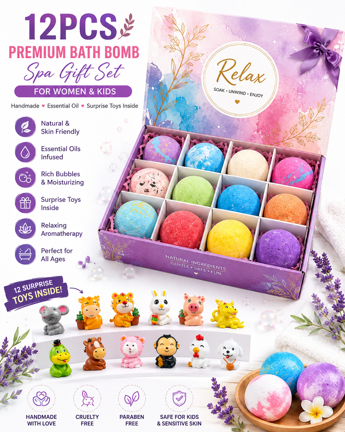 12 PCS Luxury Kids & Women Bath Bomb Gift Box | Handmade Aromatherapy Bubble Bath Fizzers with Surprise Animal Toys