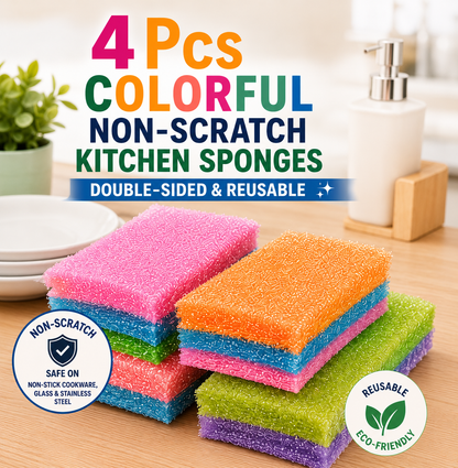 4PCS Premium Non-Scratch Kitchen Cleaning Sponges | Double-Sided Reusable Dish Scrubber Pads for Pots, Pans & Non-Stick Cookware